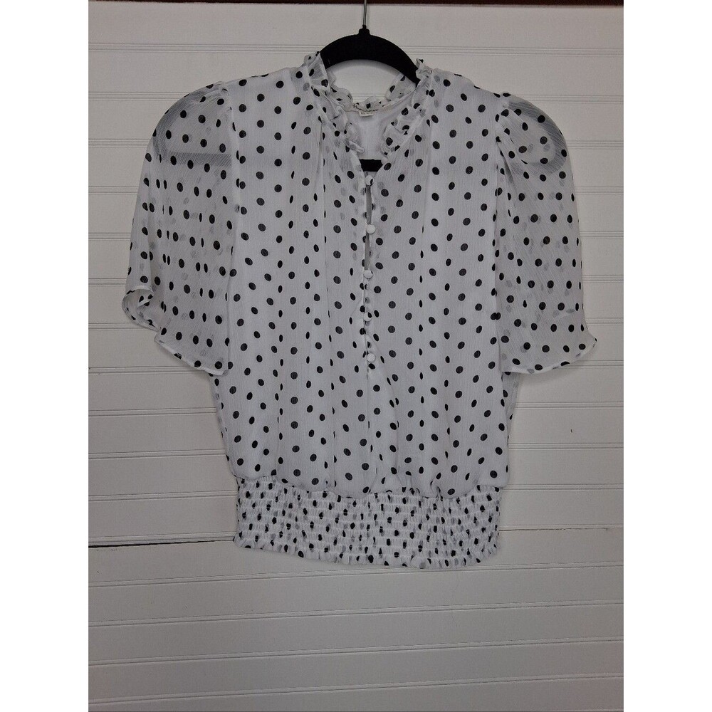 Haver & Blair Women's White Polka Dot Semi Sheer Blouse with Smocked Hem Sz S
